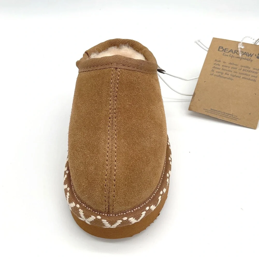 Bearpaw Toddler Hickory Brown Suede Wool Lined Slippers Embroidered Trim Size 6